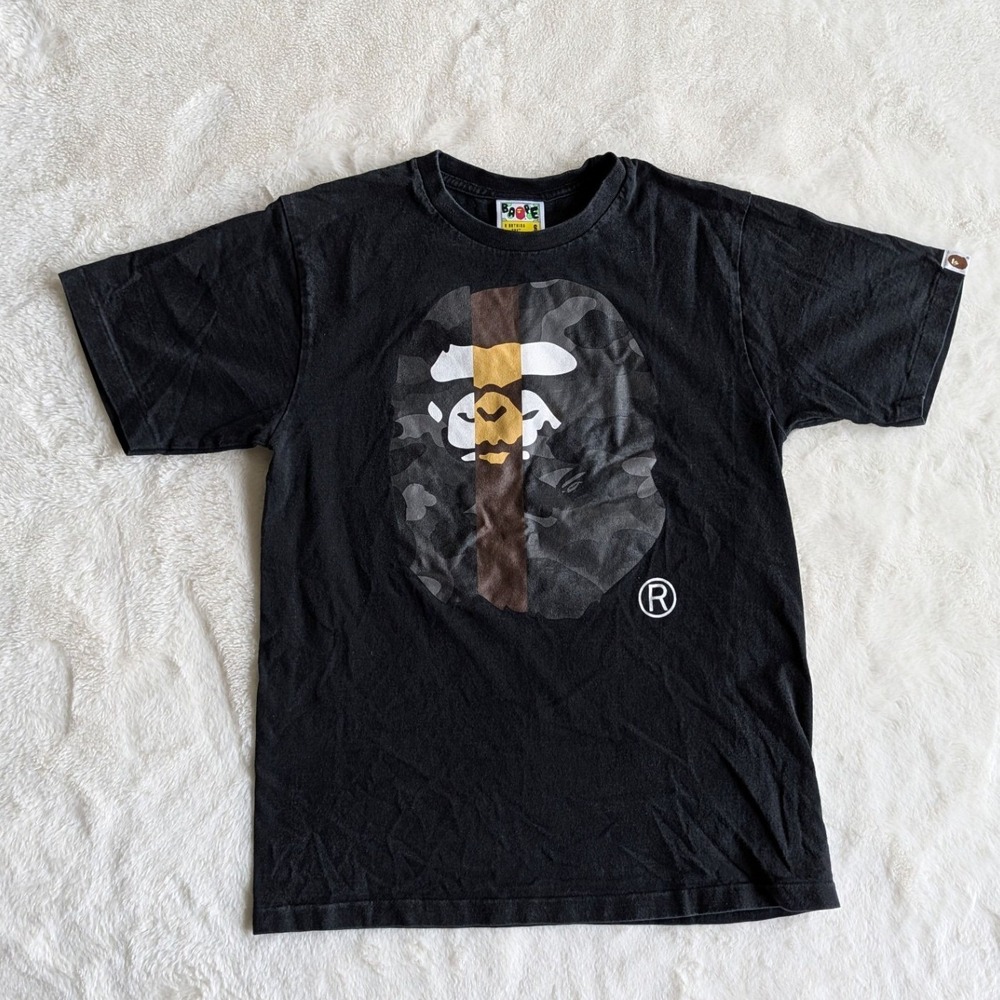 A Bathing Ape BAPE Big Ape Head Camo Logo Black Graphic T-Shirt Mens Small Rare